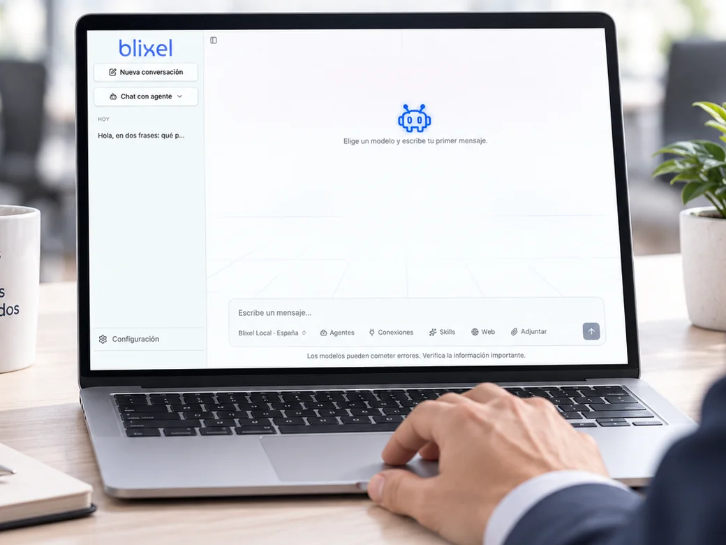 Blixel Chat abierto en el navegador, con el selector de modelo, agentes y conexiones