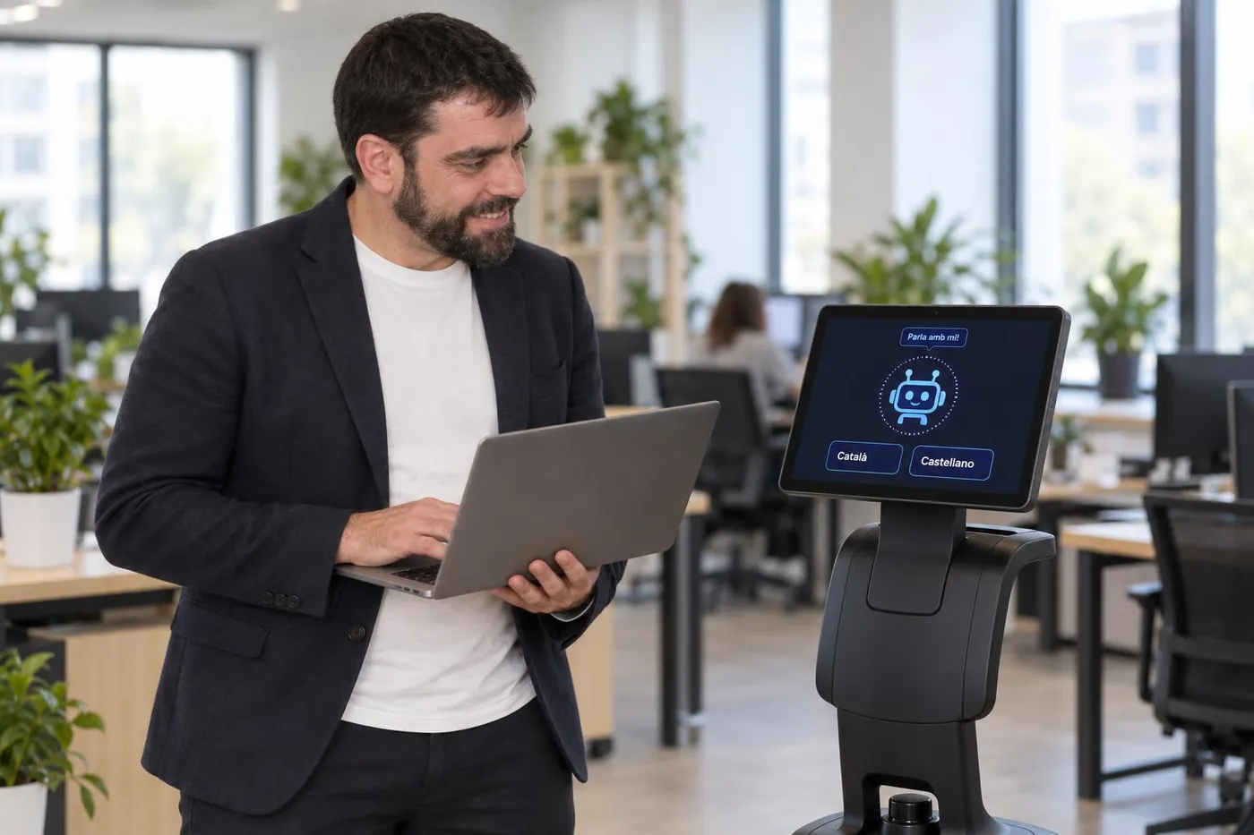 Ernesto García configurando un robot temi con un portátil