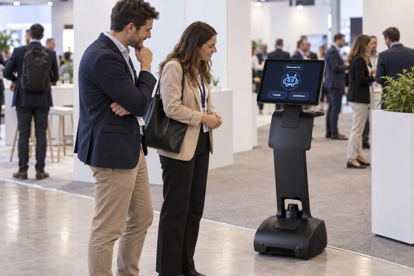 Robot temi atendiendo a visitantes en el estand de una feria