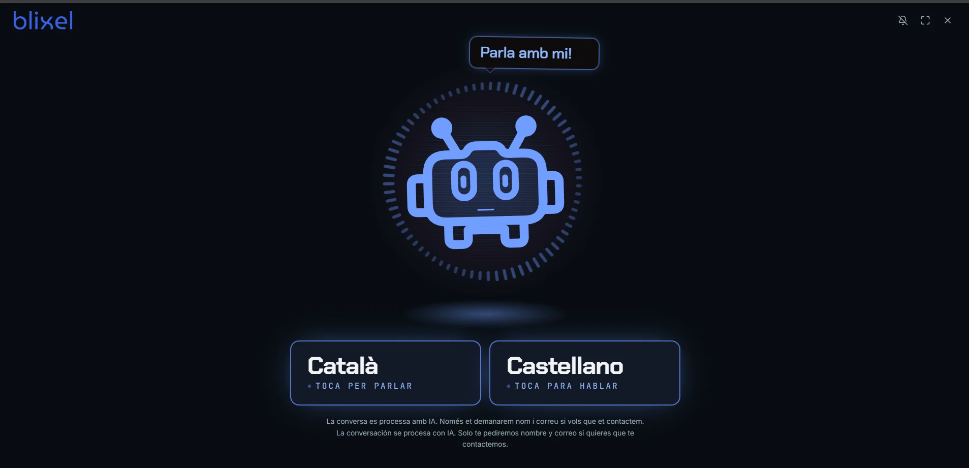 Pantalla de Blixel Chat en temi: el visitante elige catalán o castellano y habla