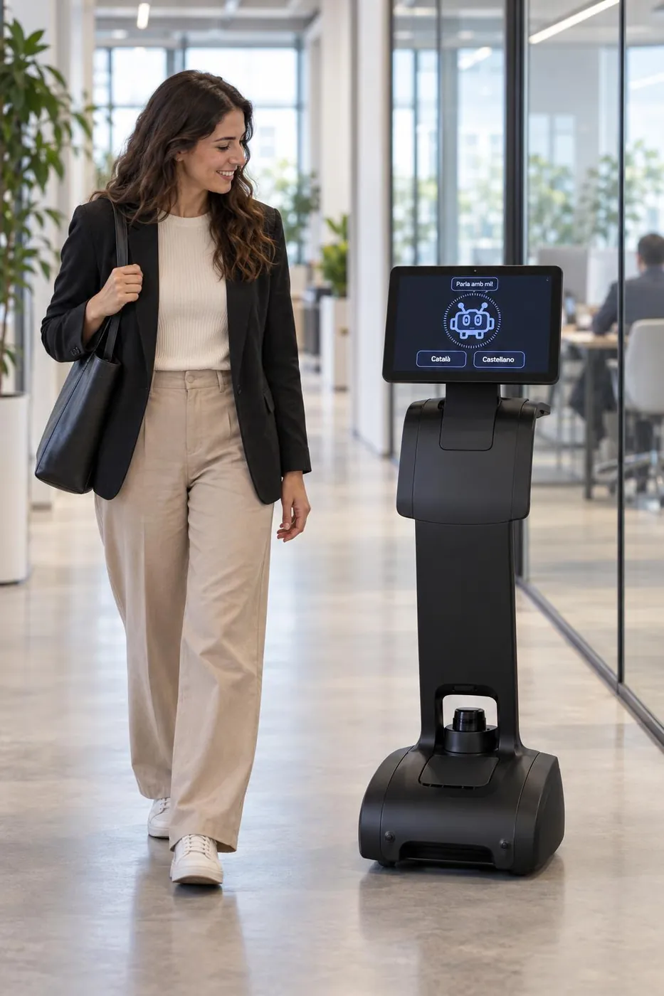 Robot temi guiando a una visitante por el pasillo de una oficina