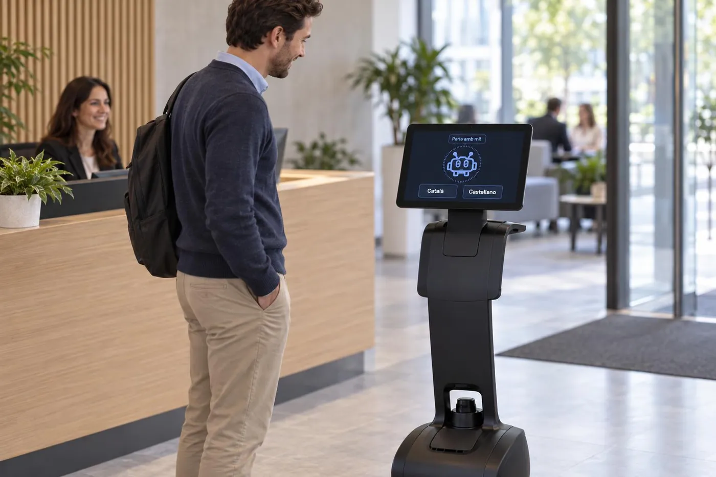 Robot temi atendiendo a un visitante en una recepción