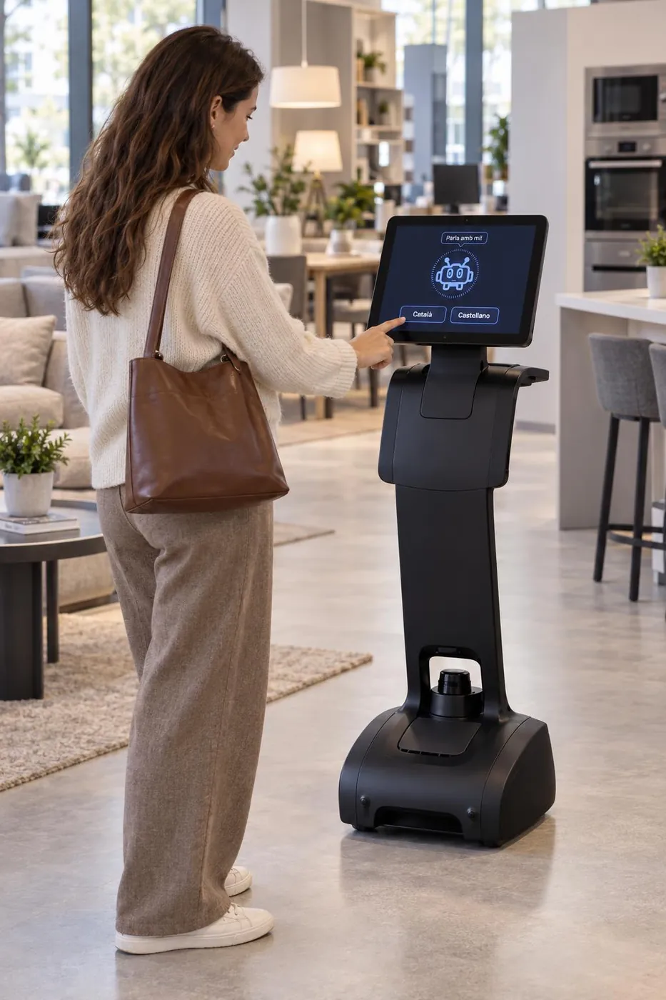 Robot temi enseñando productos a una clienta en una tienda